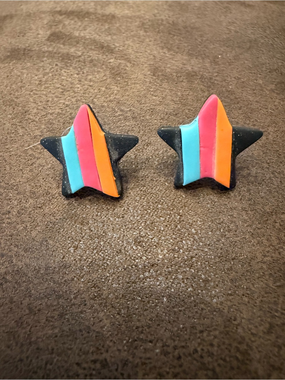 HANDMADE clay star earring studs; teal, pink, and orange; like new;